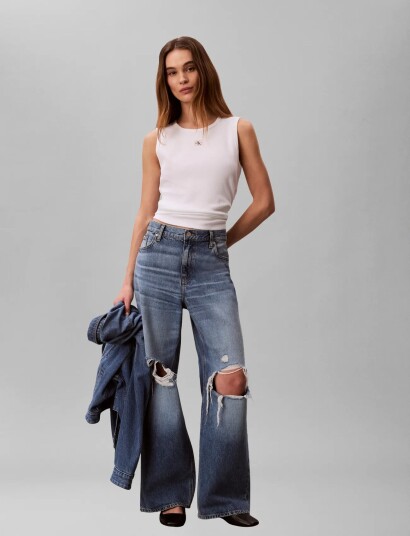 Calvin Klein Jeans Sl Woven Label 2X2 Baby Rib Cuto   White   L