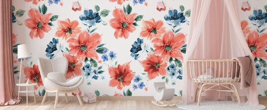 Selvklisende tapet / Blomsterdesign / Oransje og blå / Skrell og lim