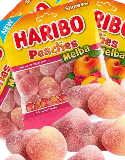 24 Haribo Peaches Melba Sukret Vingummi 80 gram Hel Eske