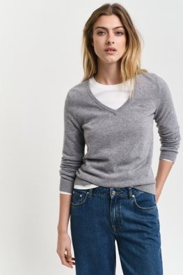 Gant Ekstra fin lammeull genser med V-hals GREY MELANGE S