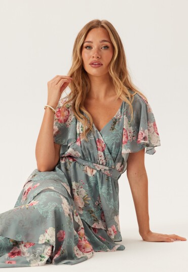 Goddiva Floral Flutter Tiered Maxi Dress
