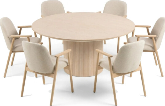 Spisegruppe Bark Kopparbo rundt spisebord 180 cm hvitlasert med 6 Reciclar spisestoler Lys eik\|Beige -