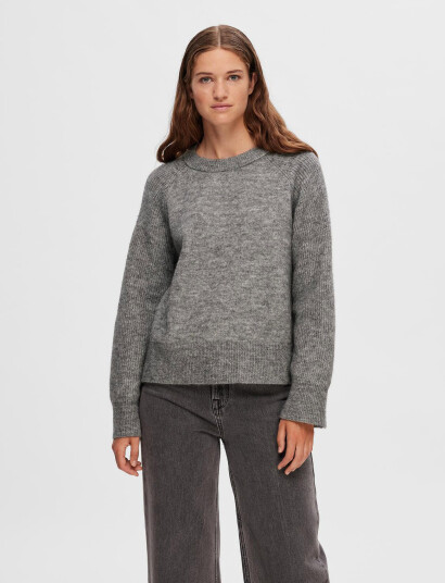 Selected Slfrena Ls Knit O-Neck Camp - Grey - M
