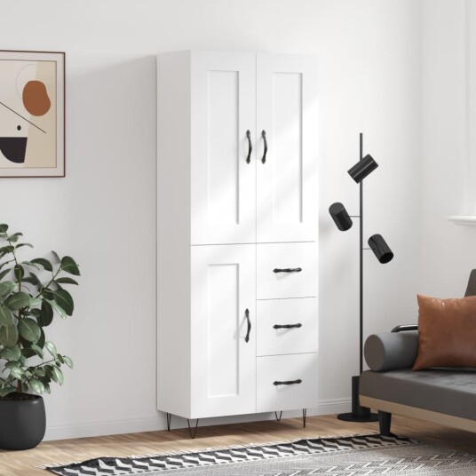 Highboard hvit 69,5x34x180 cm konstruert tre