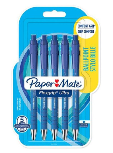Paper Mate Flexgrip Ultra Retractable Ballpoint Pens  Medium Point 1.0mm  Blå  5 Count