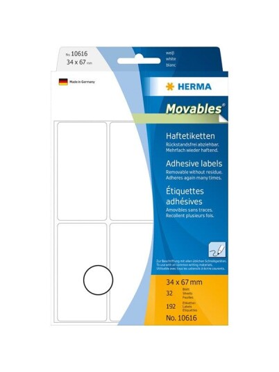 HERMA Removable multi-purpose labels 34 x 67 mm white for hand lettering HERMA Removable multi-purpose labels 34 x 67 mm white for hand lettering