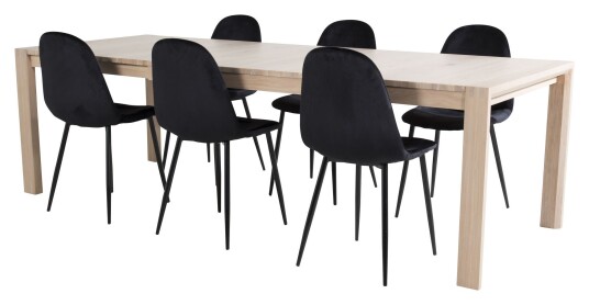 Venture Design Sleek Spisebord m. uttrekk med 6 Polar Stoler, Sort Velour Unoliving