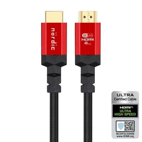 NÖRDIC CERTIFIED CABLE 1.5M HDMI 2.1 Ultra High Speed 8K 60Hz 4K 120Hz 48Gbps Dynamic HDR Earc Game Mode VRS Dolby Atmos Nylon Flettet Forgylt