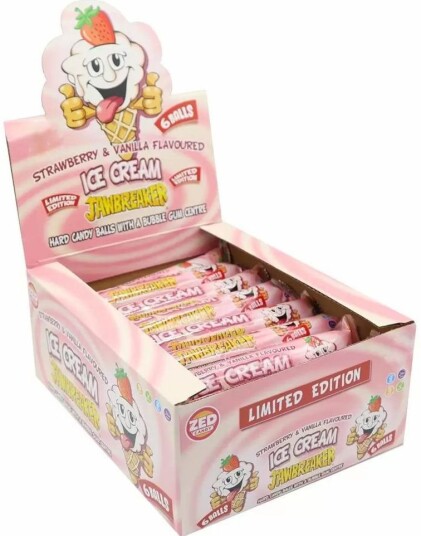 24 pakker med Zed Jawbreaker med Jordbær og Vanilje og Kjerne av Tyggegummi   Hel Eske