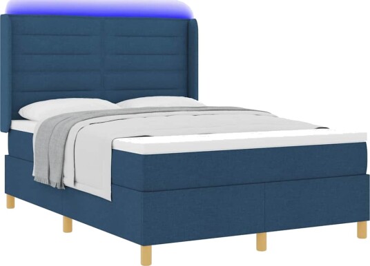 Box Spring Seng med Madrass & LED Blå 140x190 cm Stoff