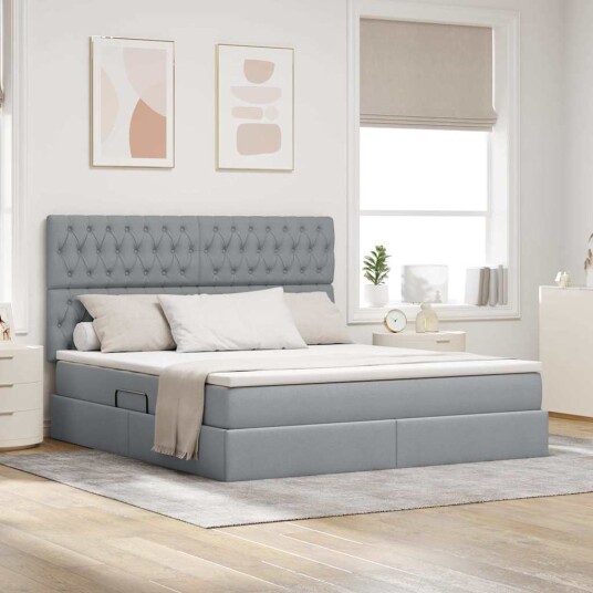 Seng med Oppbevaring med madrass Lysegrå 160 x 200 cm Kunstlær Seng med Oppbevaring med madrass Lysegrå 160 x 200 cm Kunstlær
