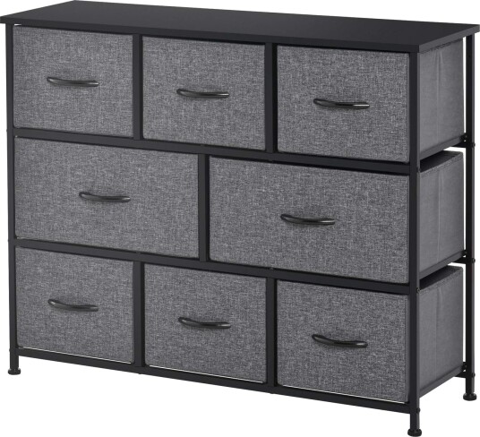 Kommode med 8 skuffer laget av stoff oppbevaringsskap kommode med håndtak metallramme moderne designskap for soverom stue,