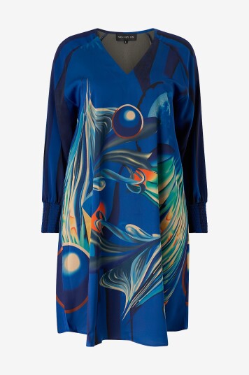 NO. 1 BY OX Kjole Loose V Neck w LS And Smock Cuffs Blå