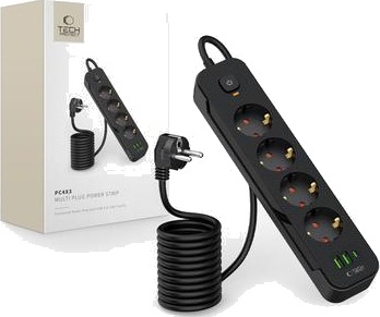 Tech-Protect PCL4X3 Strømuttak 4 stikkontakter med 2 USB-A og 1 USB-C 200cm kabel Svart
