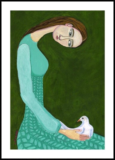 Lady sitting with white dove bird woman Poster Plakat / 40x50cm Lady sitting with white dove bird woman Poster Plakat / 40x50cm