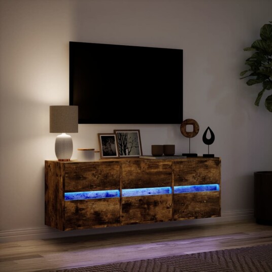 Vegghengt TV-benk med LED røkt eik 130x31x45 cm 852303 Vegghengt TV-benk med LED røkt eik 130x31x45 cm 852303