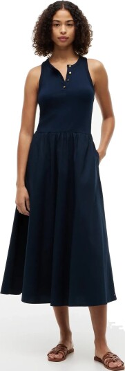 Tommy Hilfiger Gold Button Poplin Mix Dress   Navy   XS