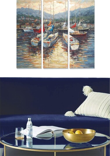 Trelerretsbilde 3 delt 50x70 cm Seilbåter i en havn med refleksjoner i vannet Blå / Hvit / Rød