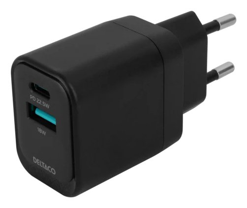 Deltaco Vegglader 20W med USB-C PD og USB-A - Svart