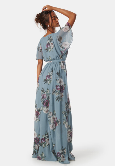 Goddiva Flutter Floral Maxi Dress Air Force Blue L (UK14)