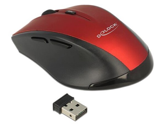 Delock - Mus - Ergonomisk - Høyrehendt - Optisk - 5 Knapper - Trådløs - 2.4 Ghz - Usb Trådløs Mottaker - Sort / Rød - Løsvekt