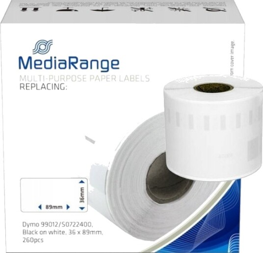 Mediarange   Papir   Permanet Adhesiv   Svart På Hvitt   36 X 89 Mm 260 EtikettEr 1 RullEr X 260 Merkelapper Alternativ For: Dymo 99012 Dymo S0722400   For Dymo Labelwriter