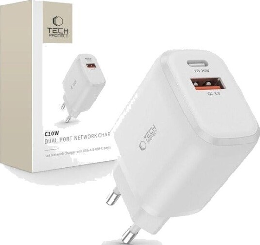 Tech-Protect C20W USB-C PD 20W / USB-A QC 3.0 Network Charger - White