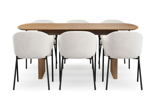 Bark Richeto Spisebord 180 cm med 6 Filip Spisestoler Naturlig finish / Hvit Bouclé