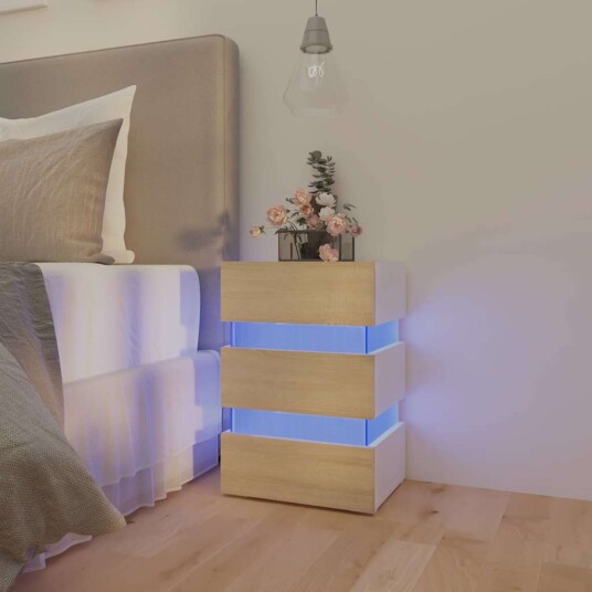 vidaXL LED-nattbord hvit og sonoma eik 45x35x67 cm sponplate