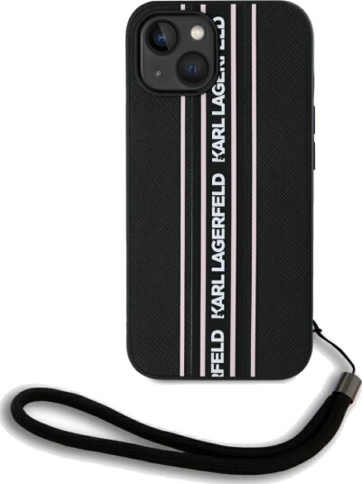 Karl Lagerfeld Saffiano Athleisure Stripes Cord iPhone 15 Case - Pink