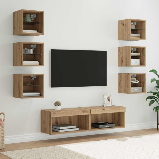 TV skap med LED stripelys med skuff 8 pcs Artisan Eik Glass TV skap med LED stripelys med skuff 8 pcs Artisan Eik Glass