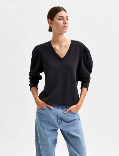 Selected Slflora Ls V Neck Sweat Top B Black XS