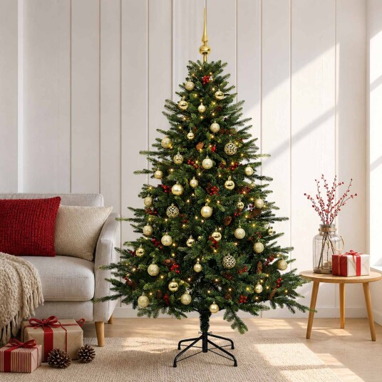 vidaXL Kunstig juletre med julekuler 150 cm 150 LED-lys Varmhvit