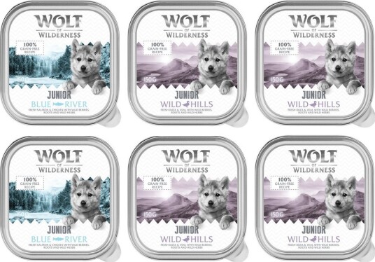 Wolf Of Wilderness Våtfôr Junior Duo Proteinoppskrift 6 Skål 4 X And Og Kalv 2 X Og Laks Kylling 24 X 150 G 6 X 150 G
