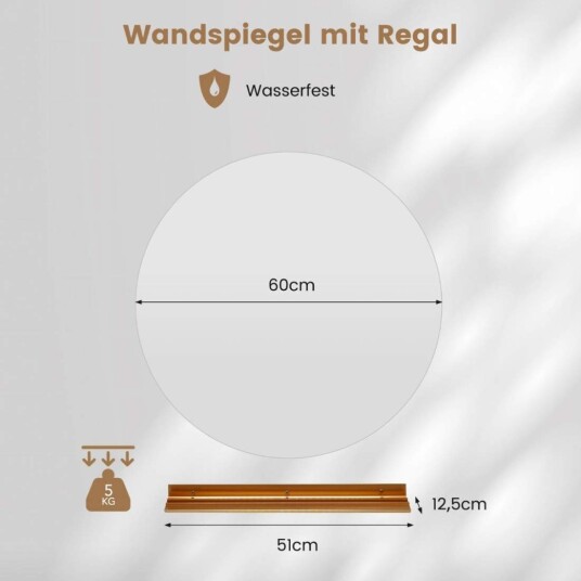 Ø60cm rundt baderomsspeil med belysning & berøringsbryter & minnefunksjon veggspeil