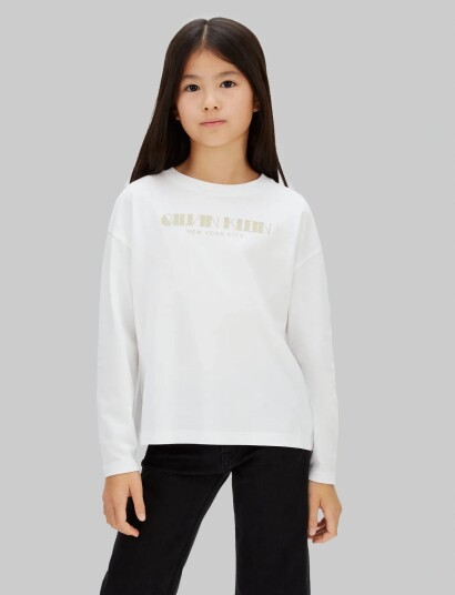 Calvin Klein Glitter Aw Boxy L/S T Shirt   White   164
