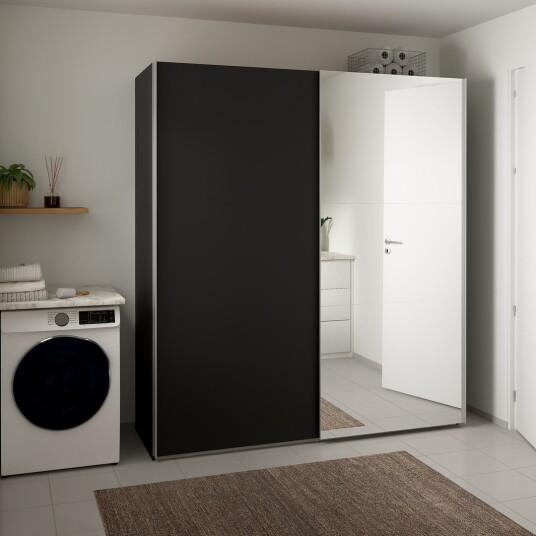 LIND NEST SKYVEDØRSGARDEROBE 200X220X67CM SORT MED SPEIL