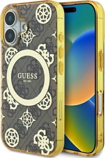 GUESS MagSafe iPhone 16 Etui - Peony på 4G Bakgrunn, Brun
