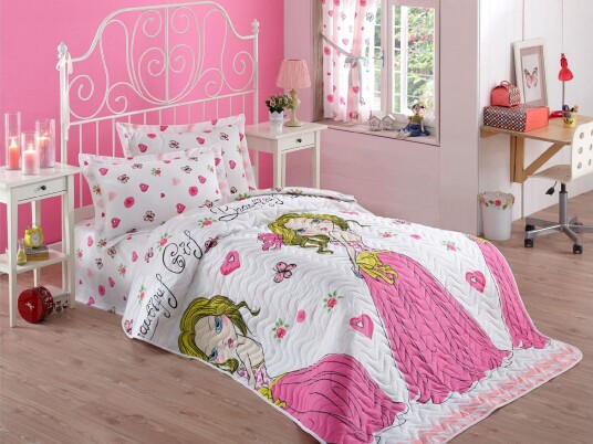 Eponj Home Sengeteppe Enkelt 160x220+Putetrekk Quiltet Hvit/Rosa/Gul