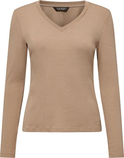 Lauren Ralph Lauren Rib Knit Long Sleeve V Neck Top LAUREN CAMEL XL