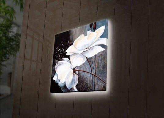 Lerretsbilde med LED belysning 28x28 cm Hvite blomster med elegante detaljer Hvit / Grå / Brun