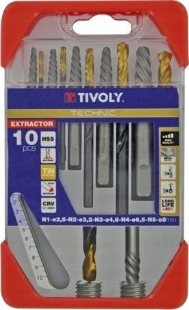 Tivoly Bor- Og Skrueuttrekkersett – 10 Deler: Uttrekkere N1–N5 + Tin-Belagt Hss-Bor Ø2,8–8 Mm, Tre-Kantet Skaft (M3-M18)