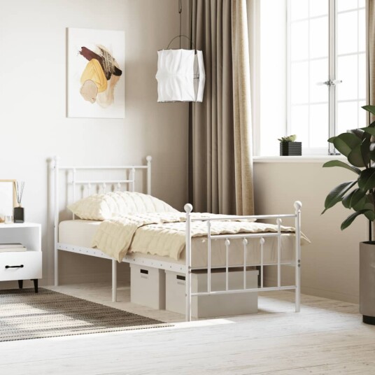 vidaXL Sengeramme i metall med hode- og fotgavl hvit 75x190 cm 8720845883744