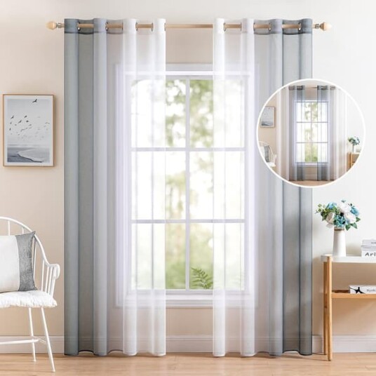 Lett transparent gardin for stue importert polyester gir imitert linstruktur multifunksjonell dekor med maljer for enkel opphenging hvit med grå gradient