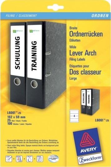 Avery L6061 Hvit 59 X 192 Mm 100 Stk 25 Ark X 4 Filmappeetiketter