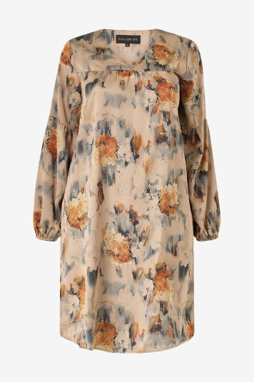 No. 1 By Ox Kjole V Neck Dress w Yoke And Puff Sleeves Beige