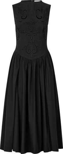 STINE GOYA Broderie Cotton Embroidered Midi Dress Black L