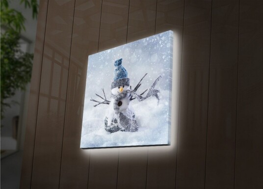 Lerretsbilde med LED belysning 40x40 cm Snømann i vinterlandskap med snøfall Hvit / Blå / Grå