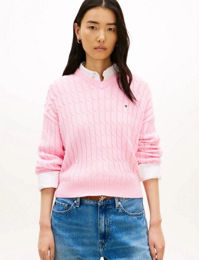 Tommy Hilfiger Co Cable Mid Gg Rlx Ls V Nk Swt   Pink   XL