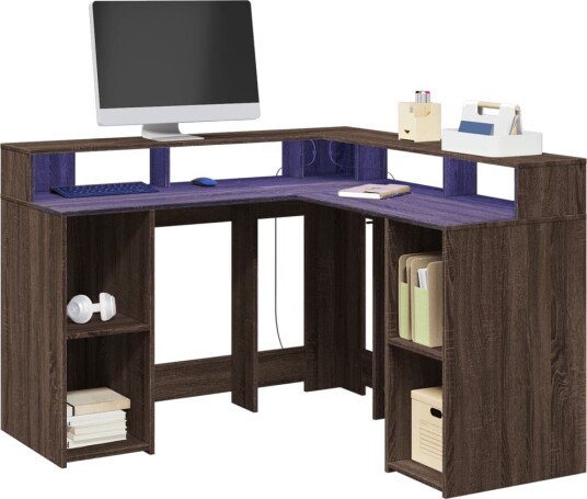 Skrivebord med LED-lys brun eik 130x130x91 cm konstruert tre
